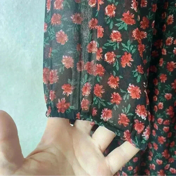 Indulge Women's Floral Smocked V Neck Bell Sleeve Fairy Goth Maxi Dress Sz Large - Picture 9 of 13